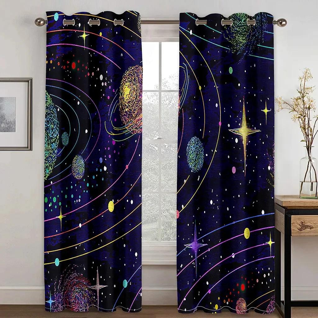 3D 3D Print Cartoon Space Galaxy Star Pattern Thin Semi-Shading Window Curtain for Kid Childern Boy Bedroom Living Room Home Hoo