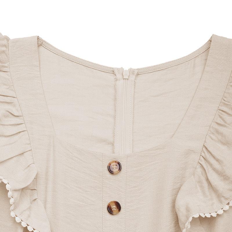 VEZFAA Women's Fashion Casual Summer Spring Solid Color Print Short Sleeve Square Collar High Waist Trousers Jumpsuits & Rompers