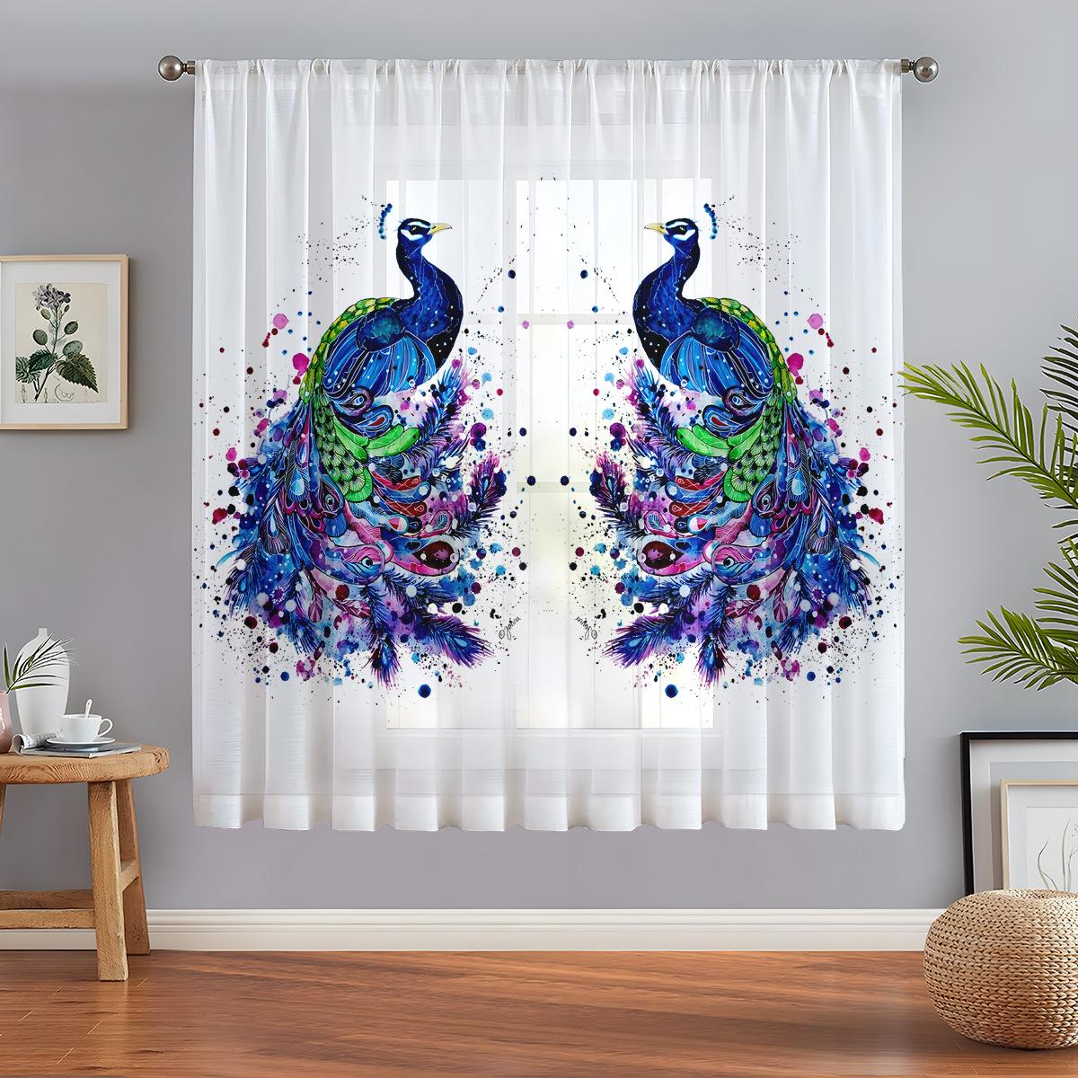 

1pc Beautiful Blue Peacock Cartoon Sheer Curtain Suitable for Living Room, Bedroom, Dining Room, Hallway, Office, Gym, Kitchen 132*45cm