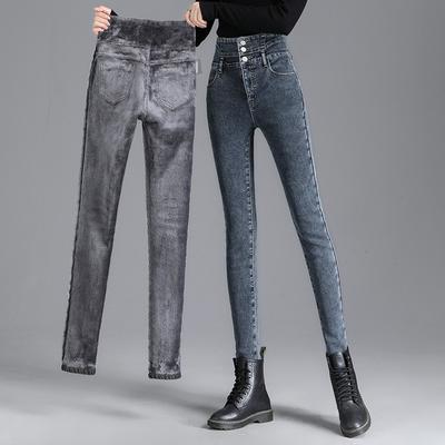 Fleece-Jeans Damen Herbst und Winter Neu High-Waist, Dünn und Hohelastisch Warme Denim-Hose