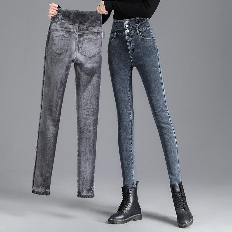 Fleece Jeans Women's Autumn and Winter New High-waisted, Thin and High-elastic Warm Denim Pants