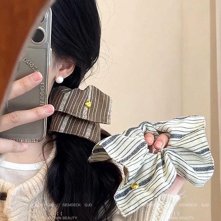 2025 Retro Striped Square Scrunchie with Korean Bow