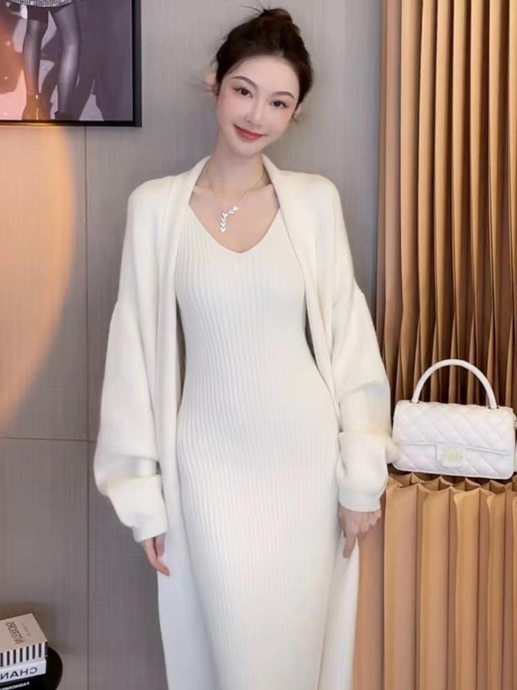 2024 Women's Autumn/Winter Knitted Dress & Sweater Cardigan Two-Piece Set - Medium & Long Lazy Style