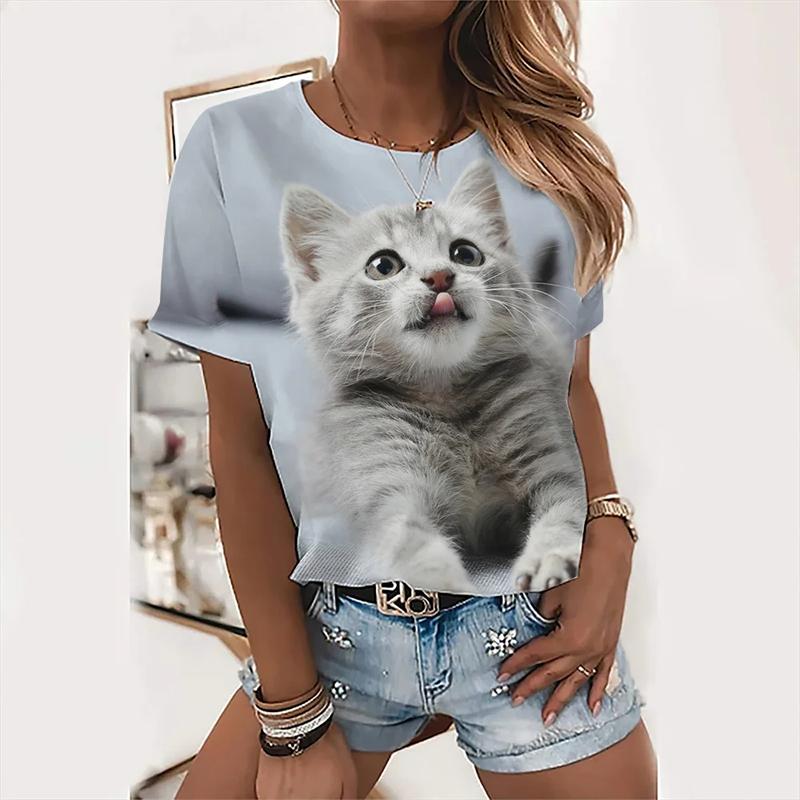 Fashion Women T Shirts 3D Kawaii Cat Print Tops Summer Famale T-shirt Harajuku Tees O-Neck 2024 Short Sleeves Oversized Clothing