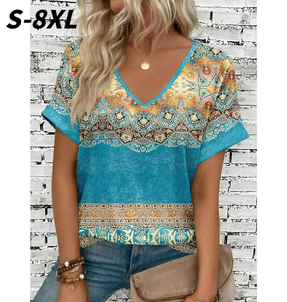 Plus Size Women's T-shirt Vintage Flower Graphics Fashion Short Sleeved V-Neck Tops Summer Casual Tees Women Clothing