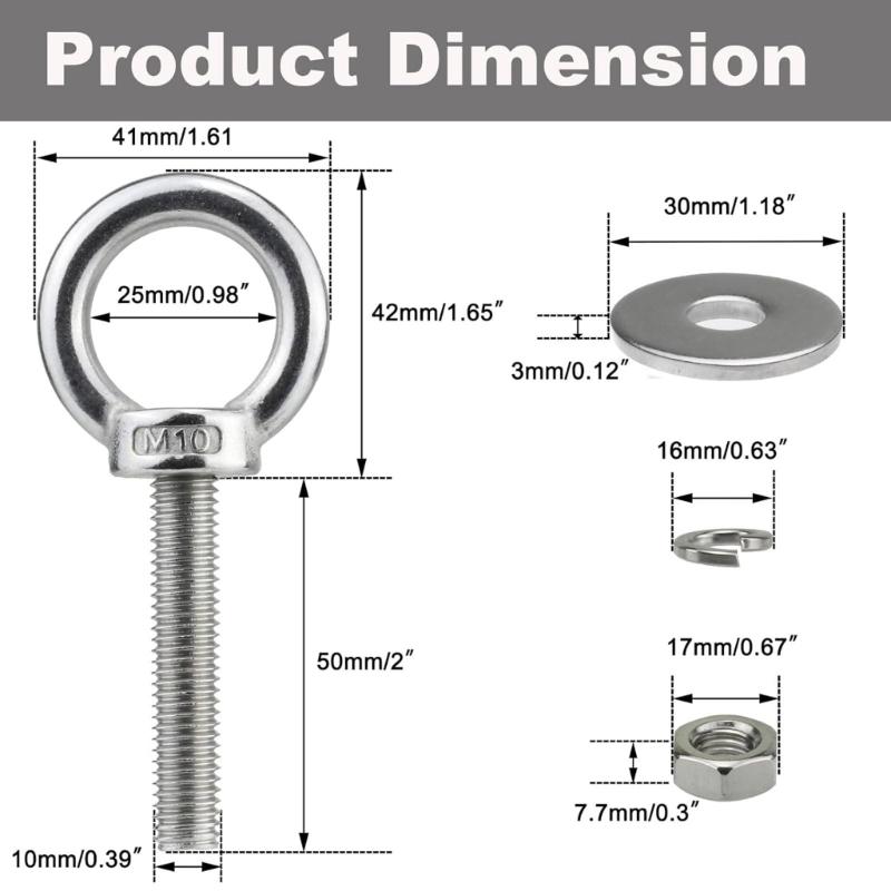 5Pcs Heavy Duty Lifting Rings Threaded Eyebolts with Washers and Nut Stainless Steels Eye Bolts for Tie Down Straps
