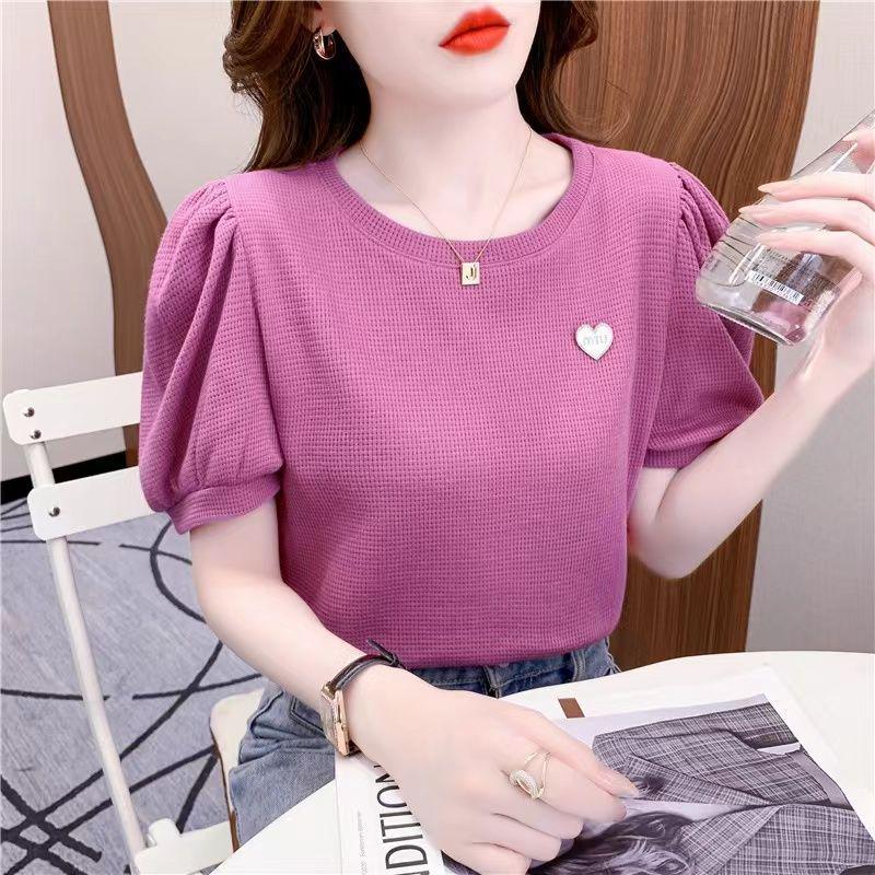 Women s Puff Sleeve Heart Embroidery Slim Fit Summer Tee XL фиолетовый
