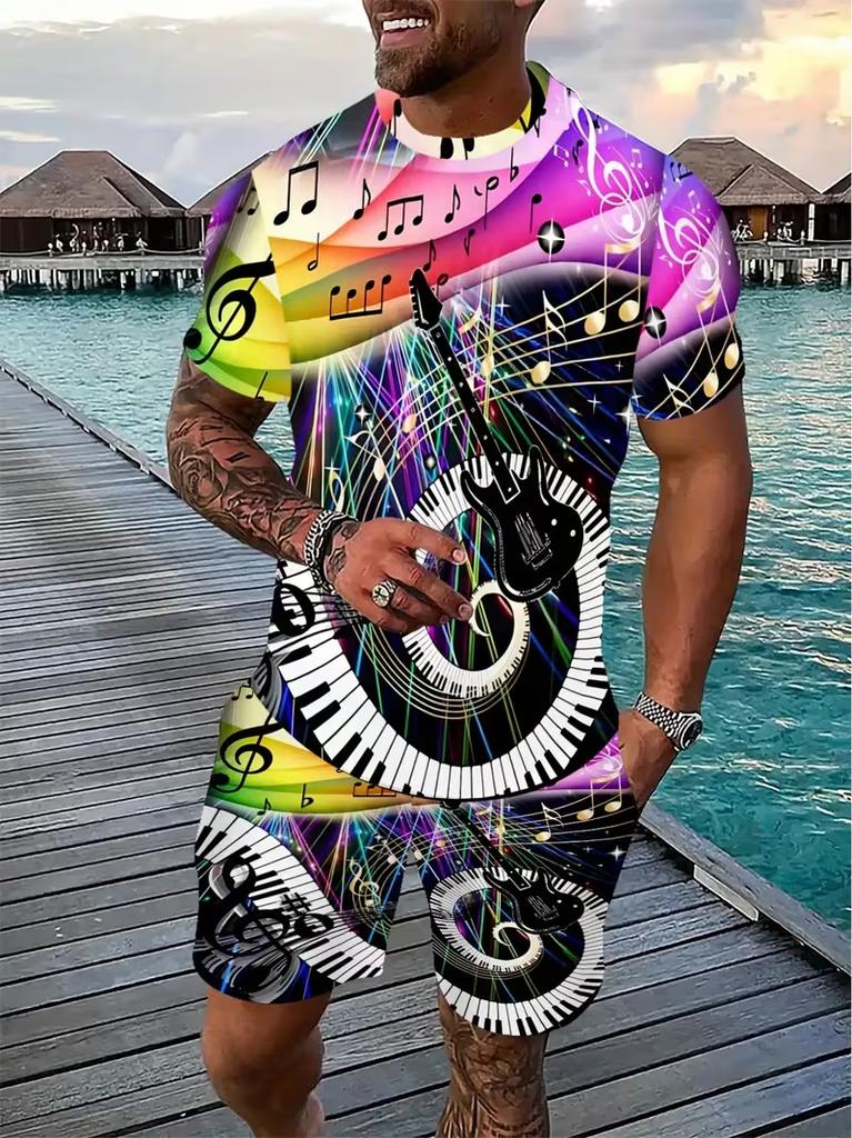 Men's Summer Leisure Set Piano Theme Print T-Shirt & Shorts Breathable Casual Outfit for Holiday/Beach