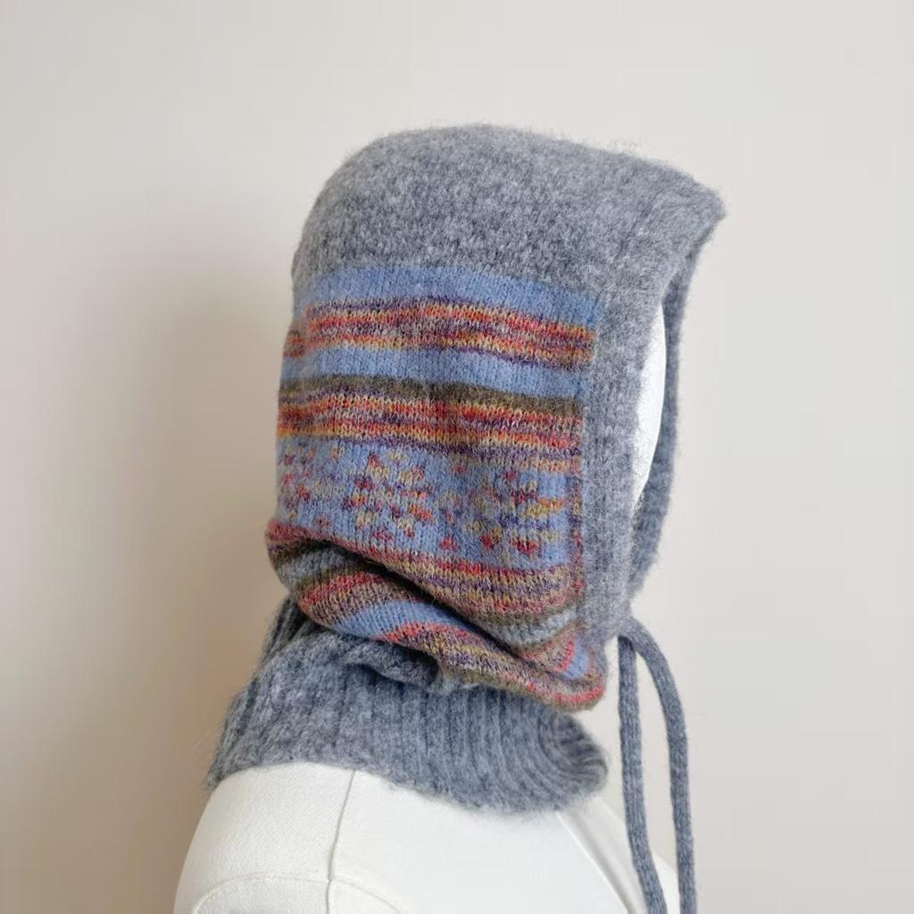 New Fair Island Style Knitted Balaclava Hat Women's Autumn and Winter Hat Scarf Integrated Ear Protection Wool Hat