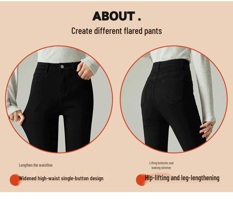 Women's Fluffy Thickened Black Bell Bottom Pants - Winter 2026 High Waist Slimming Micro Flare Jeans