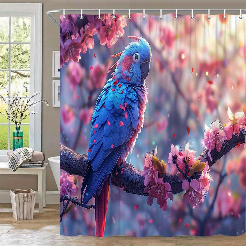 

1 шт. Шторка для ванной «Цветущая сакура» с попугаем макао - Яркий сине-красный попугай и розово-фиолетовый весенний пейзаж с разбросанными лепестками 90x180cm