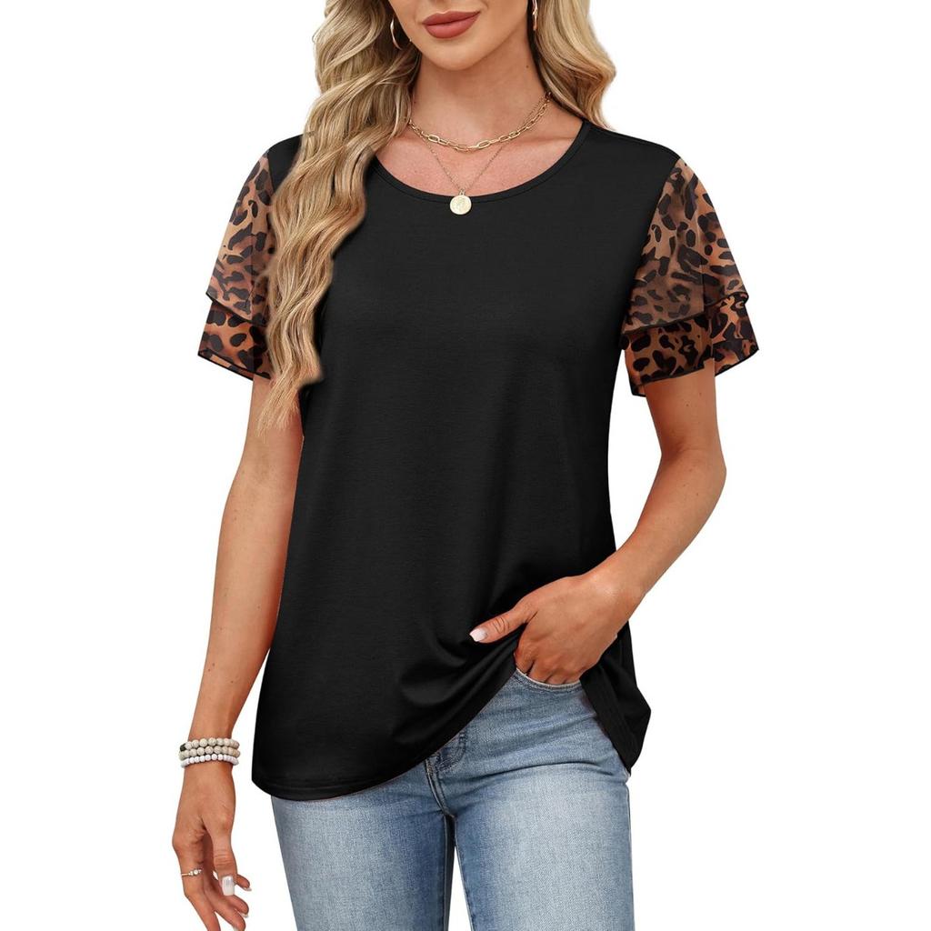 Women's Spring Summer New Crew Neck Printed Colorblock Double Layer Short Sleeve T-shirt Top For Leisure Leisure Trade