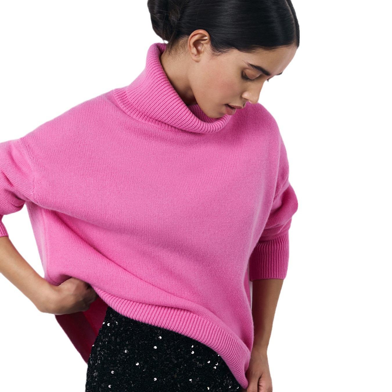 

Женский осенне-зимний вязаный повседневный свитер с высоким воротом M ярко-розовый