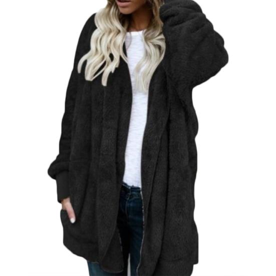 Winter Women Reversible Faux Fur Pocket Long Sleeve Hooded Midi Coat Cardigan