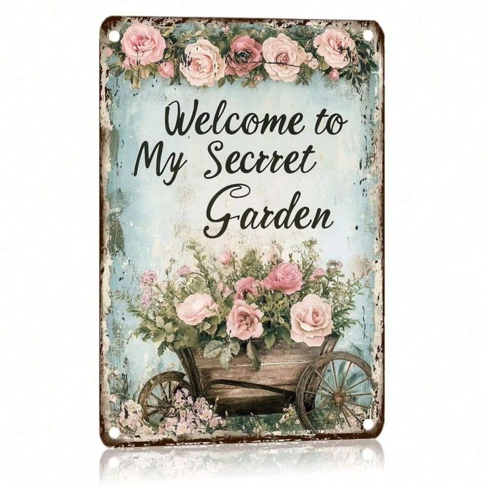 Metal Poster Wall Art, Secret Garden Vintage Tin Sign, Home Bar Kitchen Decoration 12x8 Inch
