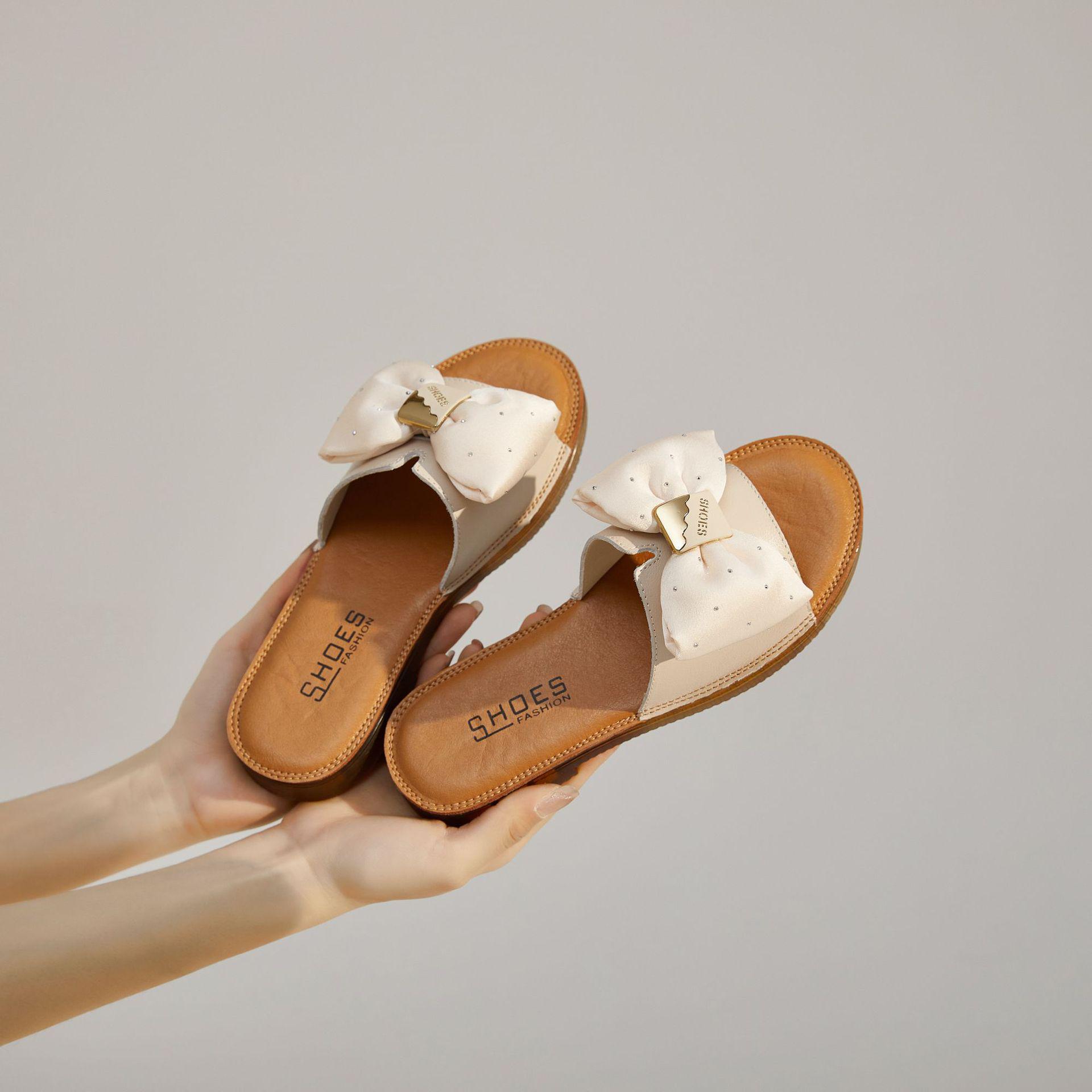 2025 Women s Leather Bowknot Slides - Non-slip, Soft Sole, Flat Outdoor Sandals 42 покинуть белый
