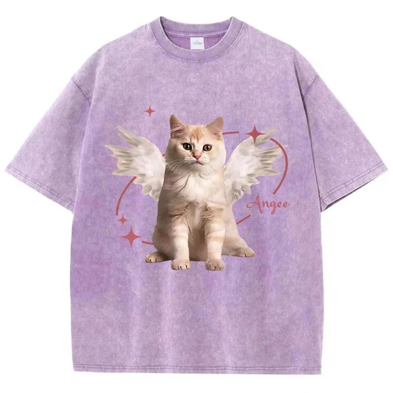 Women S Cotton Washed T-Shirts Fashion All-Math Distressed Loose Short Sleeve Cute Angel Kitten Print Tops Summer Street Clothes S разноцветный
