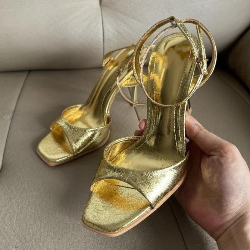 Fashion Gold Patent Leather Ankle Buckle High Heeled Sandals Women Sexy Square Toe Open Toe High Heels Summer Fashion Party Office Shoes