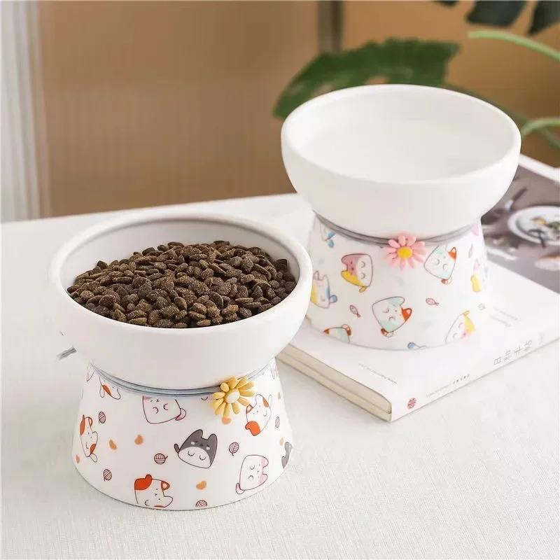 Pet Ceramic Basin Cat Basin Cat Bowl High Feet Cute Cat Food Bowl Puppy Bowl with Placemat Anti-tip Drinking Bowl