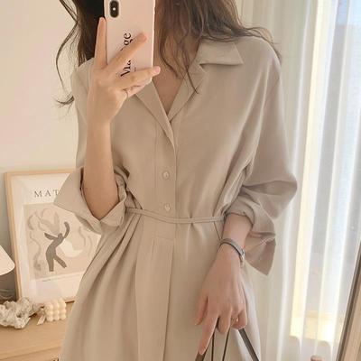 Korean Minimalist Tie-Waist A-Line Shirt Dress for Women