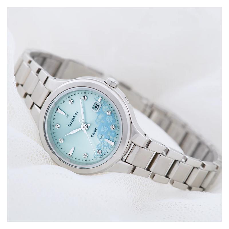Casio Fully Automatic Calendar Waterproof Quartz Movement Titanium Strap Japanese and Korean Watch Women's Watch Blue Dial SHW-7000LTD-2AJR