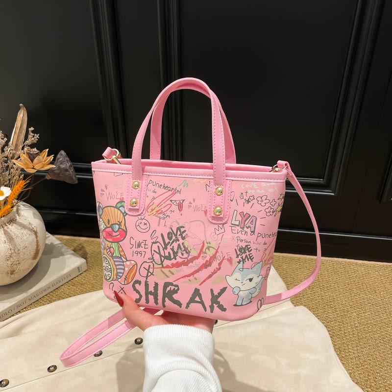 Große Eimer-Tasche aus PU für Damen mit Cartoon-Graffiti-Design, lässiger Streetstyle