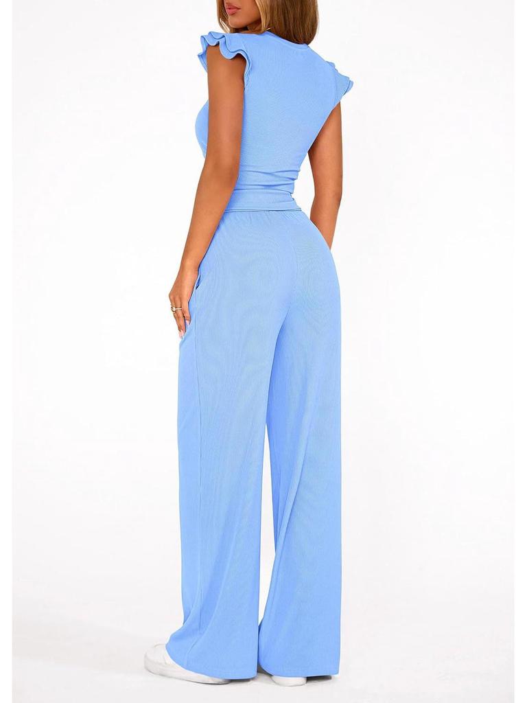 Women's 2026 Summer Solid Color Two-Piece Set with Ruffle Wide-Leg Pants