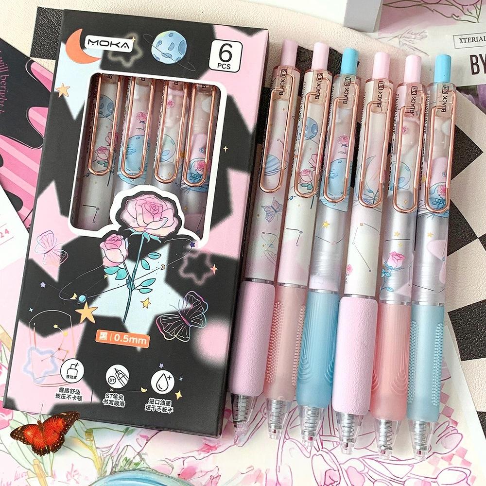 6pcs Butterfly Gel Pen Set 0.5mm Black Ink Flower Rose Sweet Ballpoint Pens for Writing Student School Supplies