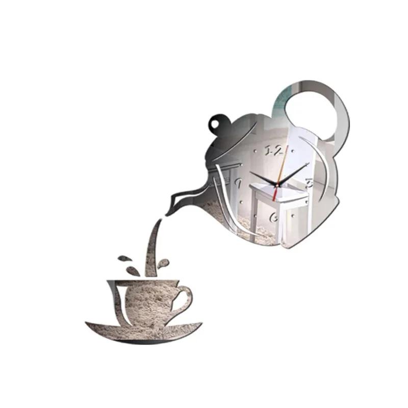 3D Coffee Cup Teapot Self Adhesive Acrylic Mirror Clock Wall Stickers for Home Living Room Decor Wall Clock Wall Sticker Clock