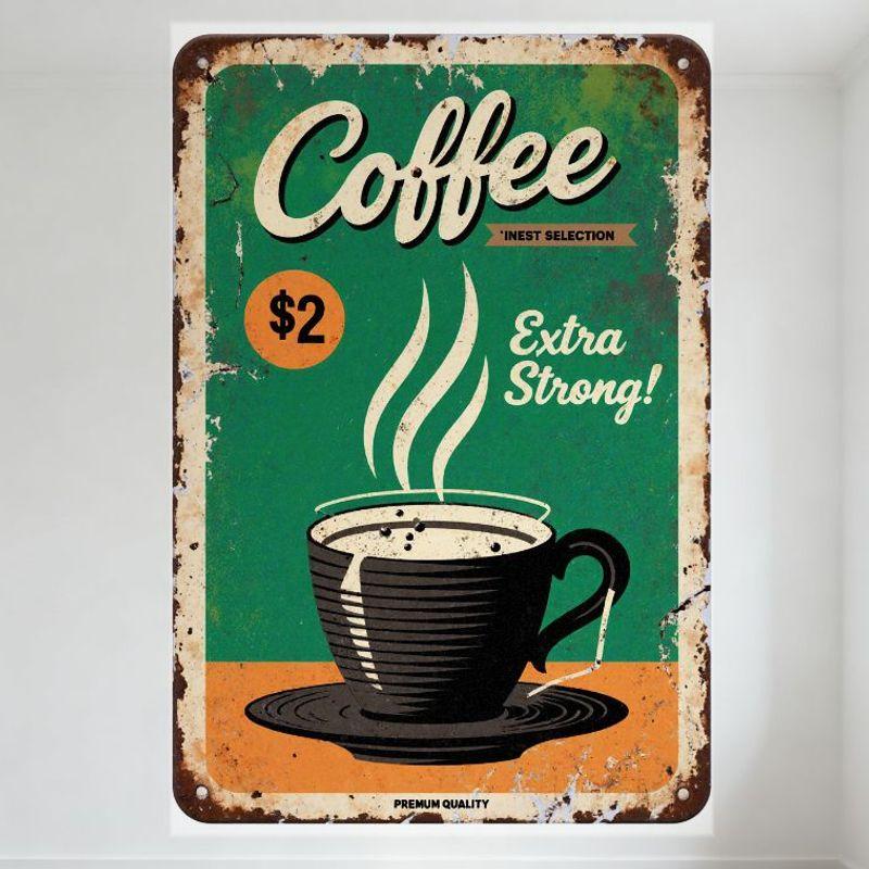 Vintage Coffee Advertisement Tin Sign, Worn Rusty Metal Frame with Green Orange Background,  Coffee  Cursive Text,  $2  Price, B 20x30cm（7.8x11.8inch）