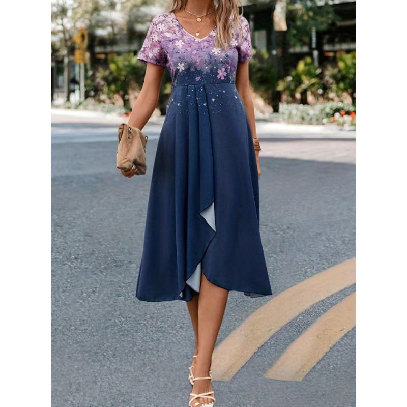 Rochie elegantă mărimi plus, rochie maxi pentru femei, cu mâneci scurte, cu decolteu în V, cu imprimeu floral, cu detalii pliate