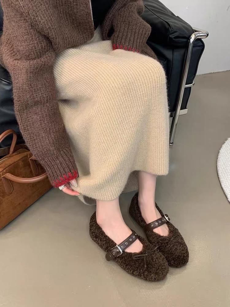 2025 autumn and winter new bow flat Mary Jane lamb wool single shoes women's ballet shoes wool shoes women's shoes