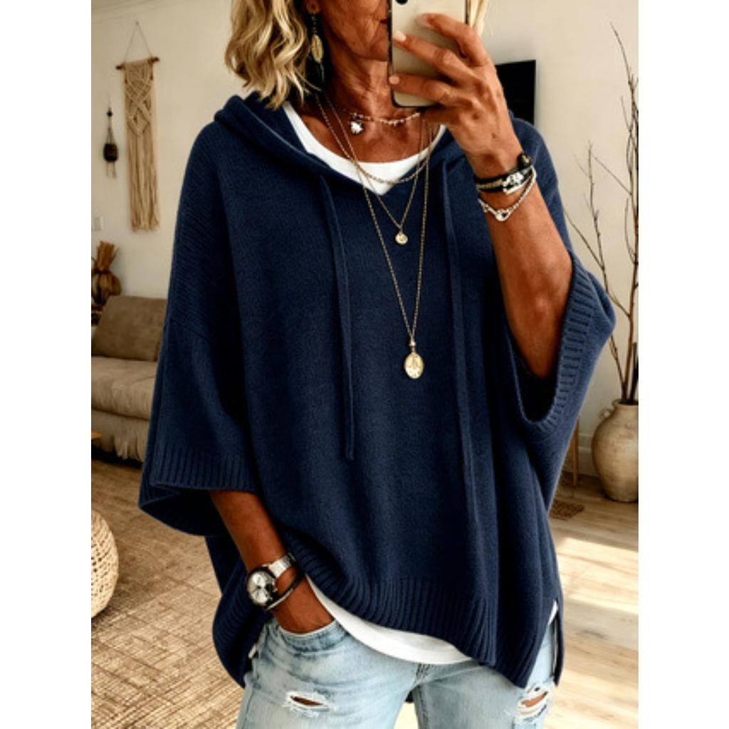 Women's Casual Hooded Sweatshirt, Bat Sleeve Knitted Sweater, Warm Sweater, Knitted Hooded Drawstring Sweater, Knitted Loose Fitting Outerwear