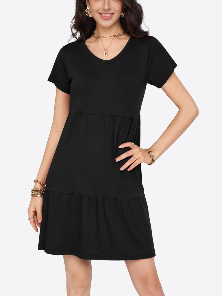 Womens V Neck Tiered Dress Short Sleeve Loose Casual Knee Length Dress