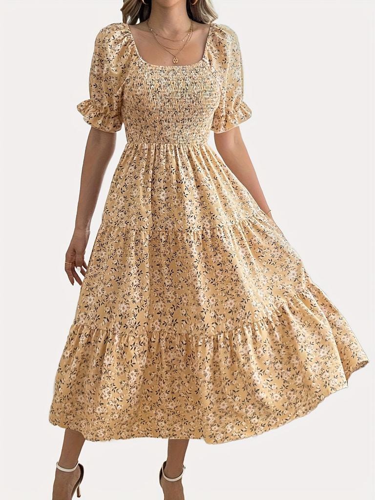 Floral dress summer new French square neck long dress bubble sleeve medium and long A-shaped skirt gentle wind skirt