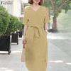 ZANZEA Womens Casual V-neck Solid Color Loose Half Sleeve Long Dress