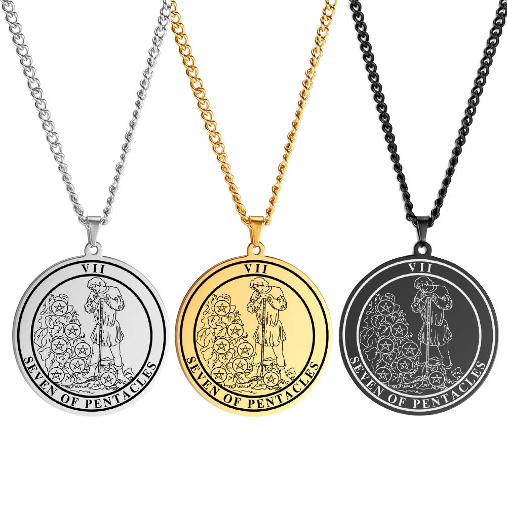 LIKGREAT Spiritual Tarot Necklace for Men and Women Pentacles Pendants Necklaces Vintage Round Stainless Steel Jewelry Gift