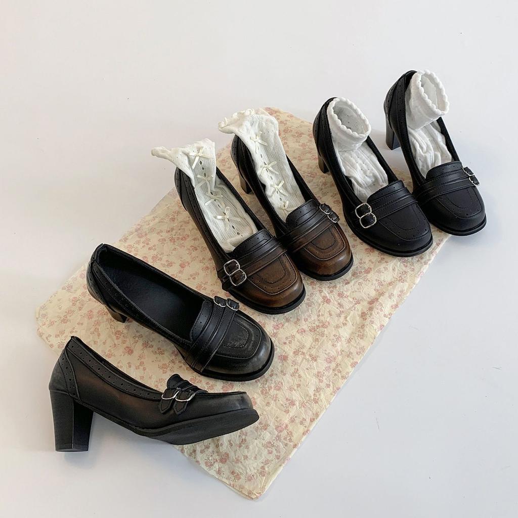 Thick Heel Loafers European 100-buckle Year-old High Heel Mary Jane Small Leather Shoes with Skirt