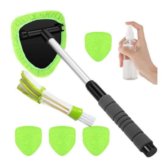 

Щетка для чистки автомобиля со сменными многоразовыми накладками, выдвижной ручкой и распылителем, инструмент для чистки лобового стекла для чистки салона, экстерьера и стекол автомобиля A зелёный