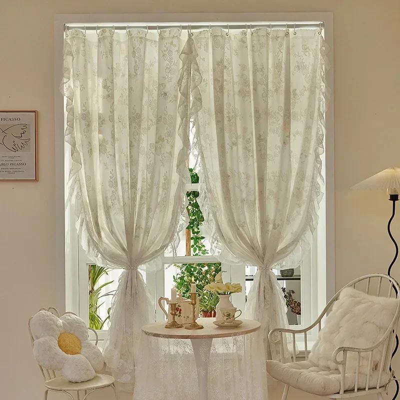 

1PC Lace Flower Sheer Curtain Rod Pocket Luxury Tulle French Window Cabinet Curtains Living Room Decorative Curtain Home Decor 100x100cm&Hook