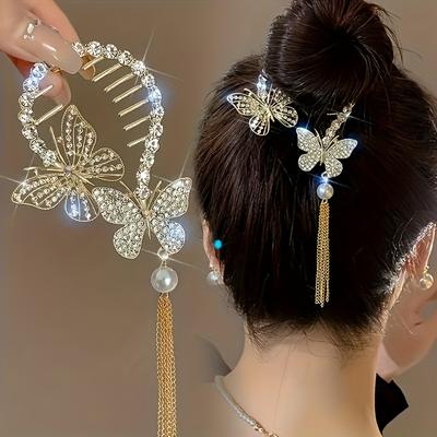 1PC Elegant Golden Butterfly Rhinestone Hairpin - Zinc Alloy Tassel Ponytail Clip, Suitable for Party Girls