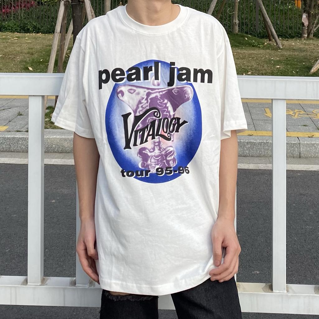 Vtg Rock Old Washed Retro Pearl Sauce Short-sleeved T-shirt White Direct Injection American High Street Loose Casual Versatile