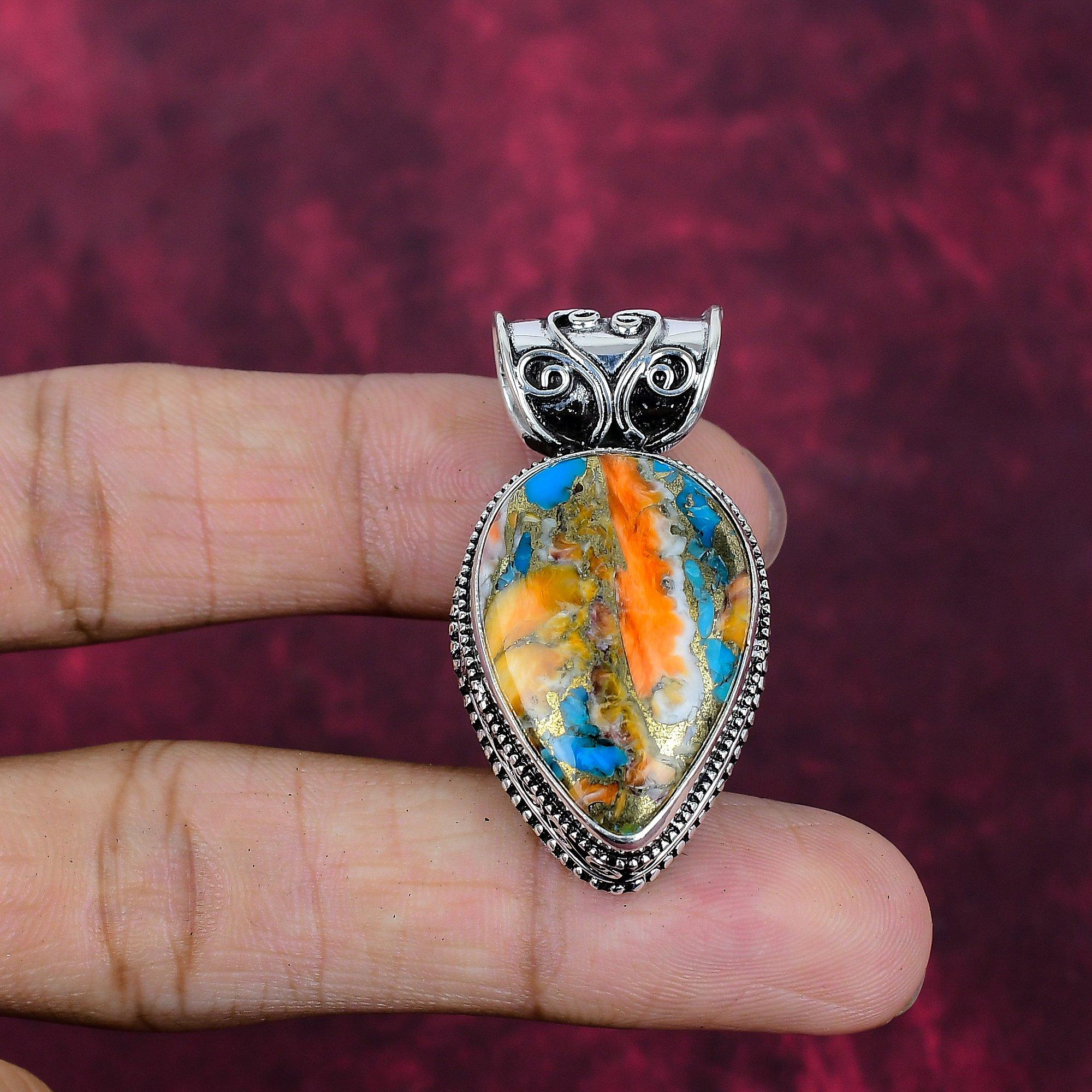 

Подвеска ручной работы с оранжевым колючим устричным камнем, подвеска из стерлингового серебра 925 пробы, для Дня благодарения 1.77 Inches