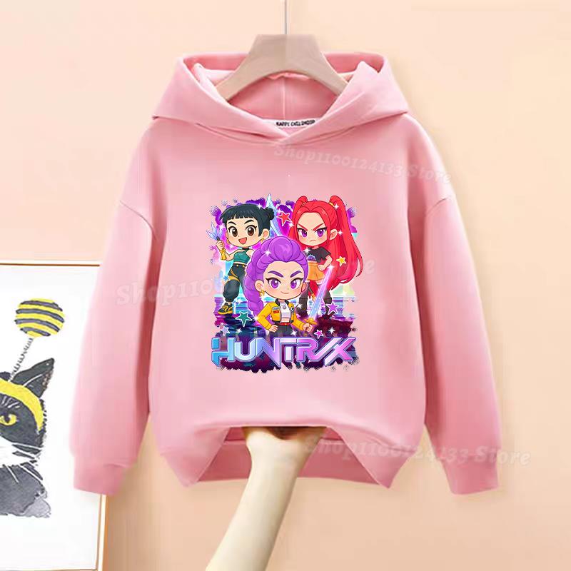 Demone Hunter Girl's Pink Hooded Streetwear Autumn Cute Anime Baby Pullover Kids Y2K Kawaii Long Sleeved T-shirt Casual Clothes