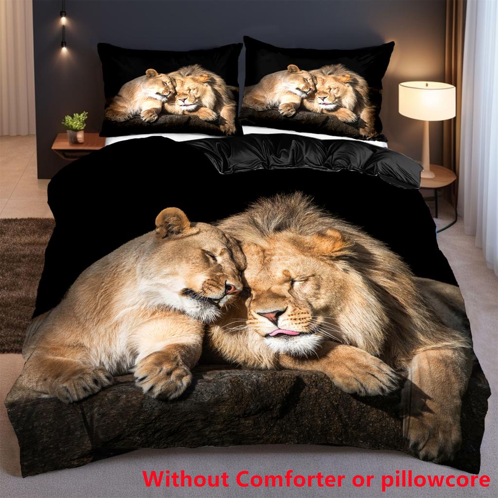 Kara Aslan 3D Baskılı Nevresim Takımı Yastık Kılıfı Sevimli Vahşi Hayvanlar Çocuklar Gençler Yetişkinler için Yaban Hayatı Nevresim