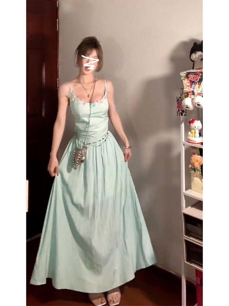 Green Spaghetti Strap Backless A-Line Summer Dress with Cinched Waist  