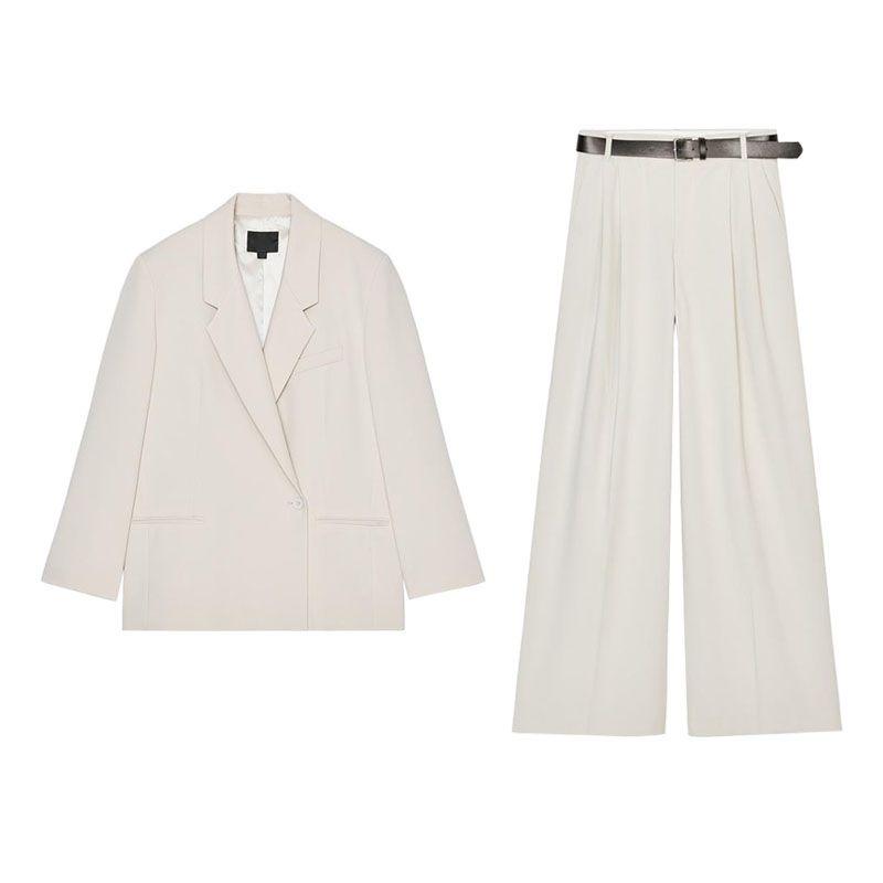 Summer Loose Lapels Long Sleeve Suit Coat 5247776 Mid Waist with Belt Pairs of Pleated Pants 4661405