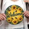 1pc Vintage Metal Welcome Wreath Sign with Bees & Sunflowers, 20cm Round Wall Decor, UV Scratch Resistant
