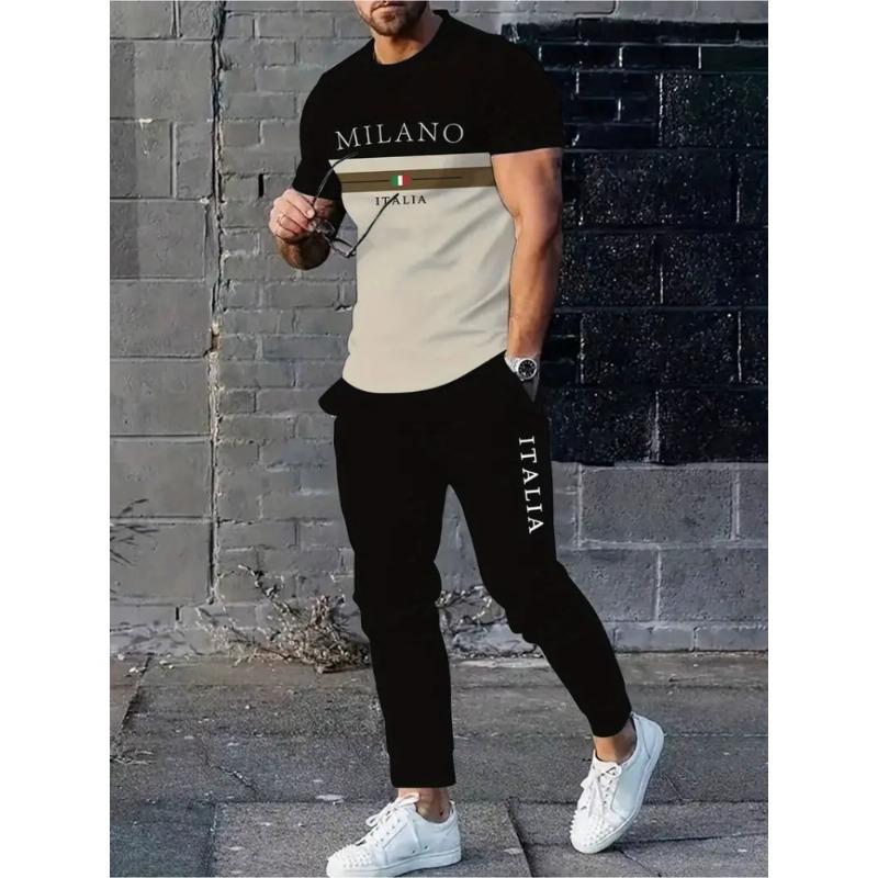 Letter Print Men's Autumn Warm Suit, Black And Brown Short-sleeved Top + Long Pants, Fashionable And Casual Two-piece Set