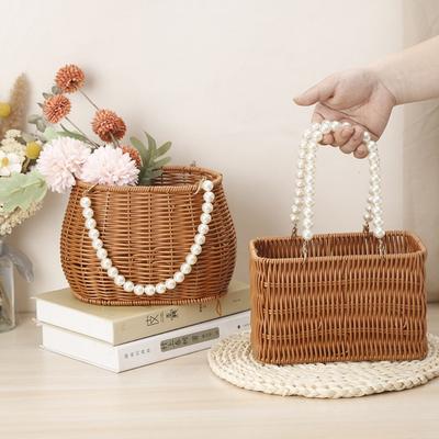 Pearl Handle Woven Flower Basket Versatile Storage Basket Fashion Flower Basket  Fruit Vegetable
